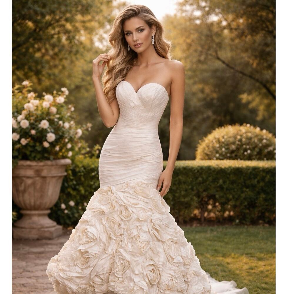 Angelina Faccenda Bridal Wedding Gown Size 6 Mermaid Rosette Sweetheart Ivory